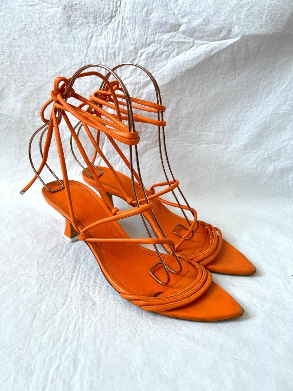 3Juin high heel sandals 41 11 orange leather lace up ankle tie pointed toe